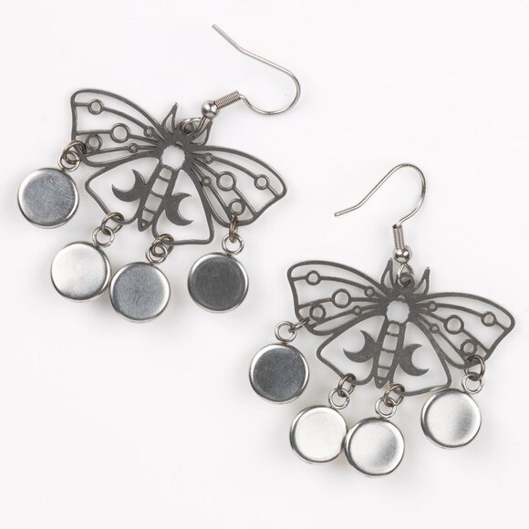 Silver Metal Luna Moth Filigree Dangle Chandelier Earrings - Picture 3 of 5